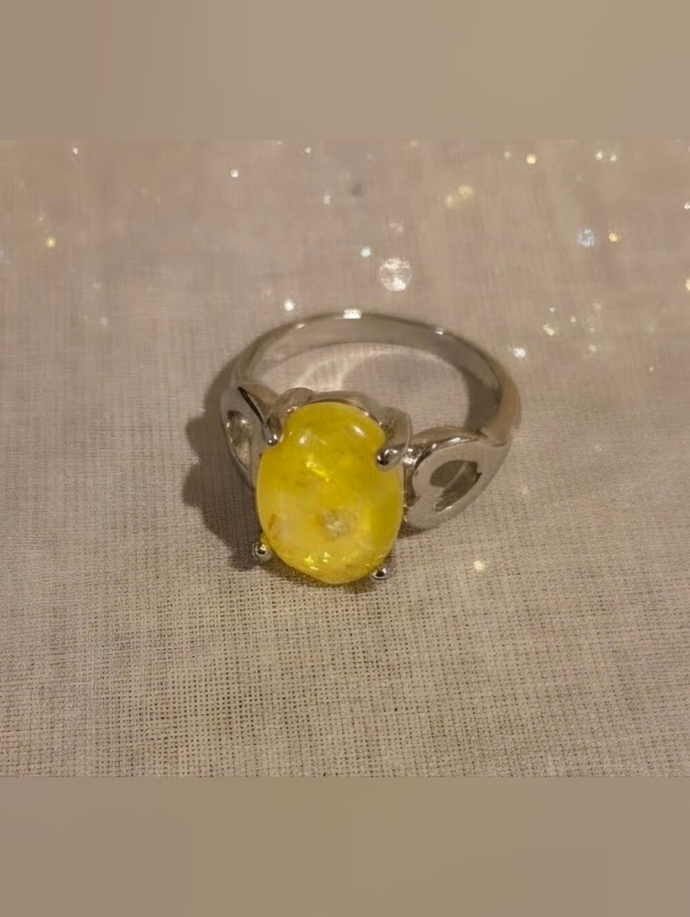 Yellow Stone Silver Cocktail Ring - Size 8